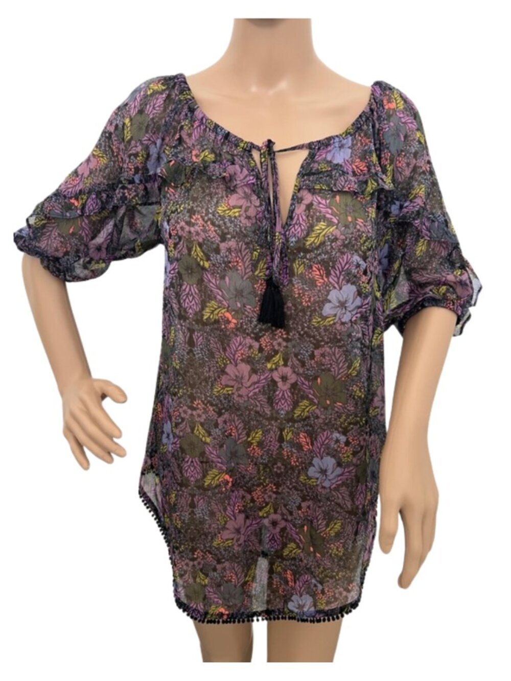 Victoria’s Secret Women’s Sheer Floral Black and Purple Cover-Up Robe - Size XS